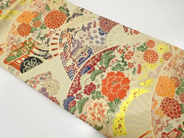 JAPANESE KIMONO / ANTIQUE NAGOYA OBI / SILK / WOVEN FOLDING FAN & FLOWERS & CRANES & CARRIAGE